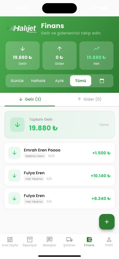 Halıjet Business finans ekranı