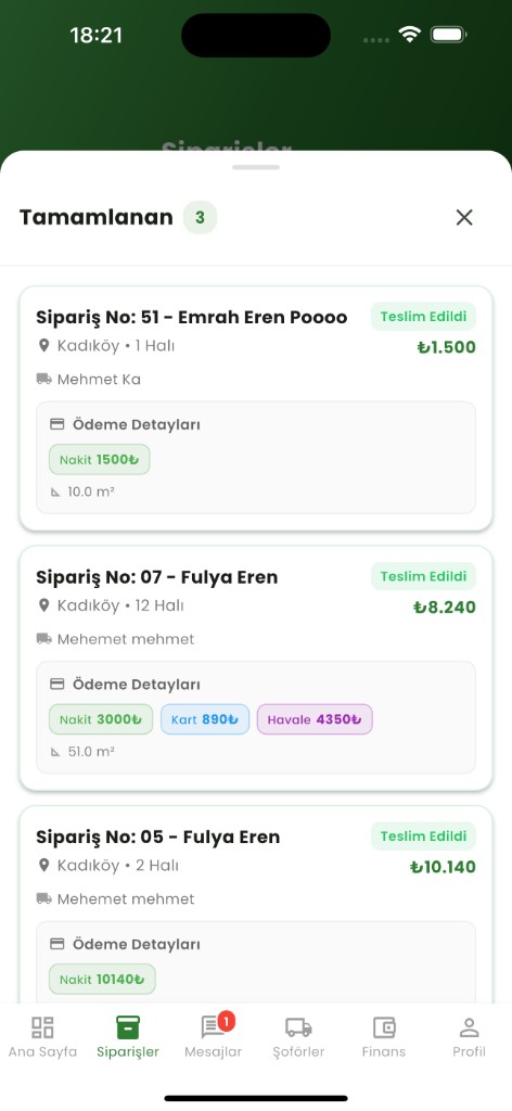 Halıjet Business tamamlanan siparişler